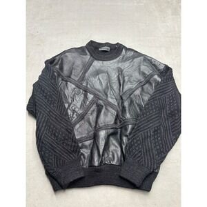 Vintage Saxony Mens XL Black Genuine Leather Patchwork Mixed Media Knit Sweater